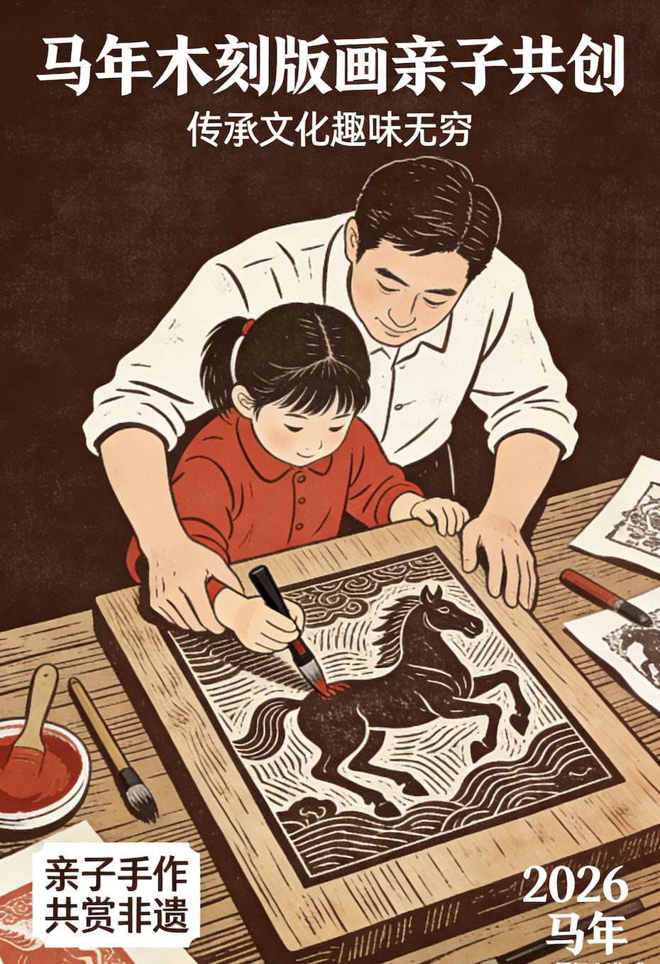 马年木刻版画亲子共创，传承文化趣味无穷